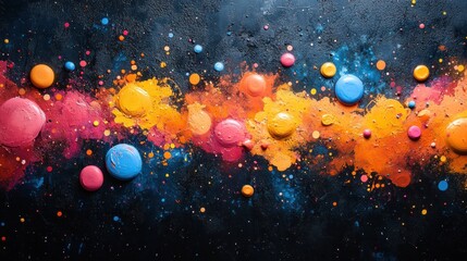 Poster - Abstract colorful paint splashes on a dark background, creating a vibrant artistic effect.