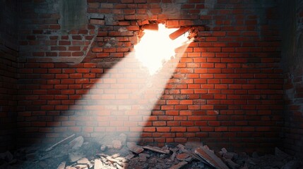 Poster - Sunlight Streaming Through a Hole in a Vintage Red Brick Wall Surrounded by Debris and Dust in an Abandoned Urban Environment