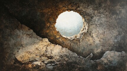 Poster - Abstract view of a circular opening in a textured rock surface, letting in natural light, creating a contrast of dark colors and a bright sky in a surreal landscape.