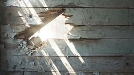 Poster - Light Shining Through a Cracked Wall, Illuminating Dust Particles and Creating a Dramatic Atmosphere of Hope and Renewal in an Abandoned Space