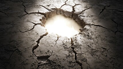 Poster - Dark Cracked Ground with a Central Hole Revealing a Bright Light, Symbolizing Hope and Change in a Desolate Environment