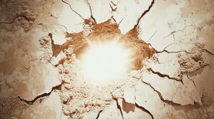 Poster - Bright Light Emanating from Cracked Ground Surface Creating an Impressive Visual Contrast in a Dry and Arid Environment, Symbolizing Hope and Change