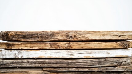 Poster - Textured wooden planks stacked neatly on a white background showcasing natural variations in color, grain, and finish for artistic and design purposes