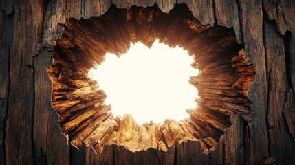 Poster - Dramatic View Through Cracked Wooden Wall Illuminated by Soft Light Showcasing Natural Texture and Intricacies of Weathered Wood in an Artistic Perspective