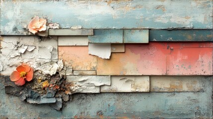 Poster - Abstract composition with textured layers, peeling paint, and a flower.