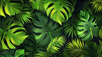 Poster - A tropical background of lush green leaves.