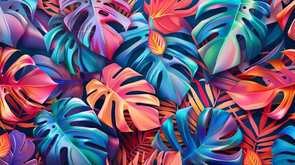 Poster - A tropical pattern with colorful leaves.