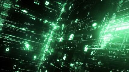 Fototapete - Abstract digital landscape featuring green data streams and security symbols.