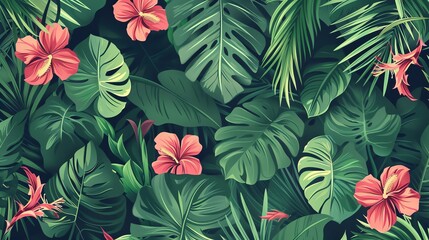 Poster - A tropical background with lush green leaves and pink flowers.
