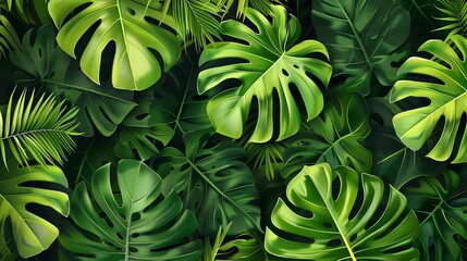 Poster - A lush tropical background with green leaves.