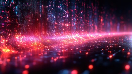 Poster - Abstract digital landscape with glowing particles and waves of light.