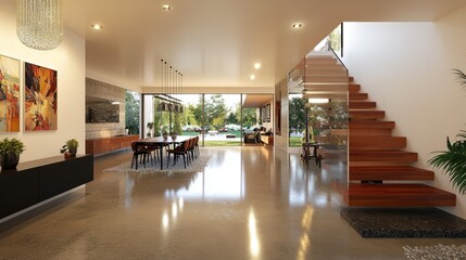 Wall Mural - Modern suburban house entry with polished concrete floors, cantilevered floating stairs, and a welcoming view of a stylish dining and living area