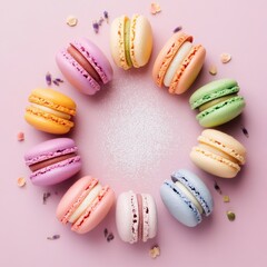 a colorful array of freshly baked macarons in assorted flavors such as raspberry, pistachio, and lav