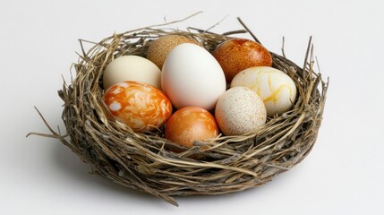 Colorful eggs in a bird's nest on white background.