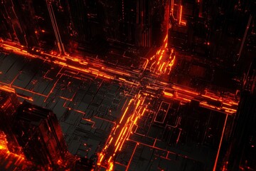 Poster - Futuristic Abstract Composition of Glowing Orange Lines and Dark Circuitry in a Technology-Inspired Digital Landscape for Modern Visual Design Projects