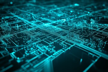 Poster - Futuristic Digital Cityscape Visualization of Abstract Urban Environment with Neon Blue Light Effects and Complex Geometric Shapes