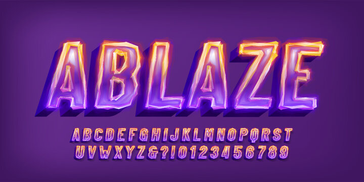 Ablaze alphabet font. Neon light 3d letters and numbers. Stock vector typeface for your design.