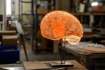 Poster - Luminous Brain Sculpture Illuminating Ideas in a Modern Workspace, Symbolizing Creativity, Innovation, and Technology in the Digital Age