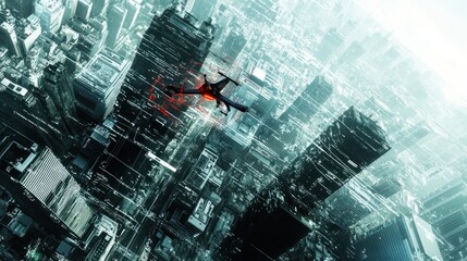 Aufkleber - Aerial view of a cityscape with a drone flying over skyscrapers.