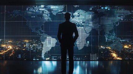Poster - A man stands in front of a large screen that displays a map of the world