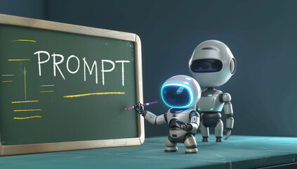 Fototapete - Robot is drawing on a chalkboard with the word 