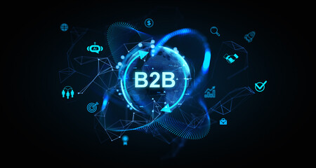 Poster - futuristic b2b concept in neon blue with digital icons and globe on dark background. 3d rendering