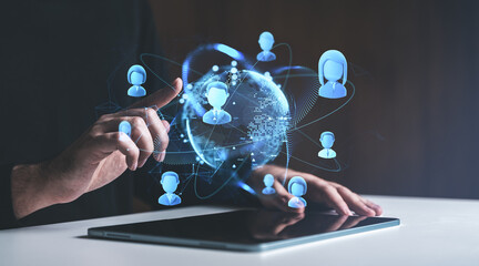 Aufkleber - Digital network concept with virtual icons of people connected around a globe on a tablet screen.