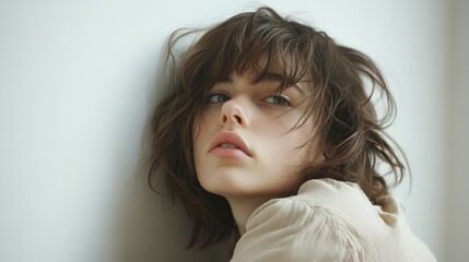 Wall Mural - a woman with messy brown hair and a neutral expression poses against a white wall