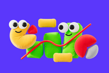 Poster - Playful 3D Render of Pie Chart and Graph Elements with Smiley Faces on Vibrant Blue Background. 3D Rendering