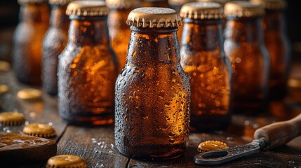 Wall Mural - Close-up of chilled amber glass beer bottles with condensation on wooden surface.