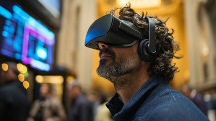 Aufkleber - A man wearing a virtual reality headset is looking at a screen