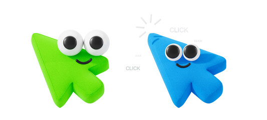 Poster - Cute green and blue 3D arrow characters with googly eyes and smiles on a white background. 3D Rendering