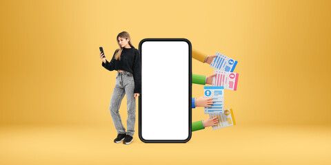 Poster - Smartphone mockup with blank white screen alongside a person hol