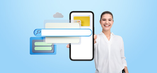 Fototapete - Woman presenting smartphone with search bar and web interface on