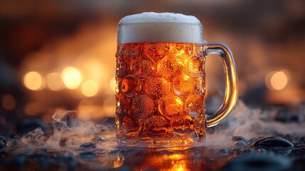 Wall Mural - Frothy beer in a glass mug on a dark background with bokeh lights and smoke.