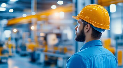 Wall Mural - A focused worker in a safety helmet contemplates processes in a modern industrial setting, highlighting safety and diligence in manufacturing.