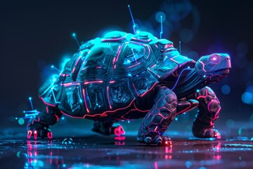 Poster - A futuristic, cybernetic turtle with glowing neon lights and a sleek, modern design, A cybernetic turtle with glowing neon lights and futuristic technology