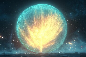 Poster - Stunning Digital Illustration of a Glowing Energy Sphere Exploding with Bright Flames and Vivid Colors in a Cosmic Space Environment