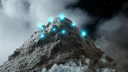 Wall Mural - Stunning nighttime view of a mountain illuminated by glowing orbs among swirling clouds and twinkling stars