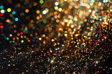Poster - a close-up shot of shimmering metallic glitter creating a dazzling bokeh effect with a vibrant rainb