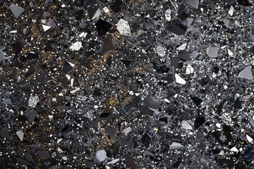 Poster - A close-up view of a surface covered in metallic flecks, with black as the dominant background color, A dazzling display of metallic flecks