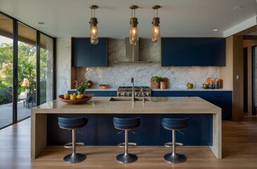 Mid Century Modern Island Kitchen Design With Dark Blue Kitchen Cabinet And Beige Countertop