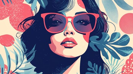 Wall Mural - Stylish woman in sunglasses surrounded by tropical leaves.