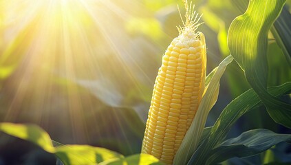 Poster - Golden Corn Cob in Sunlit Field, Agriculture Harvest