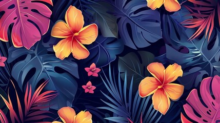 Poster - A tropical background with colorful flowers and leaves.