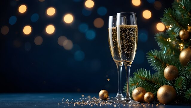 Two glasses of champagne on dark blue background with Christmas tree with lights bokeh, glitter and sparks, confetti. Christmas celebration concept with copy space for text
