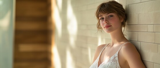 Wall Mural - woman with white lace top leaning on a wall