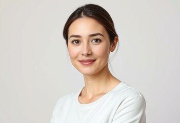 Half-length portrait of a 30-year-old female with a calm and neutral expression