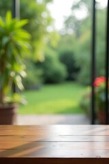 Poster - Wooden tabletop blends with blurred glass and vibrant greenery in a serene view from an adjacent garden through a large window frame._00001_
