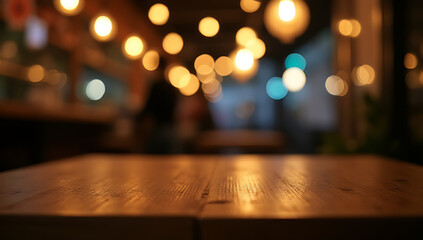 Poster - Wood table top with blurred light bokeh in dark background of a cafe at night atmosphere shines softly through selective focus._00001_